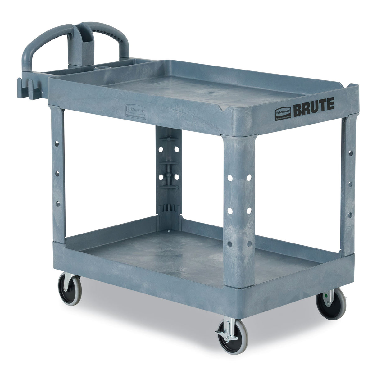 Rubbermaid Commercial BRUTE Heavy-Duty Ergo Handle Utility Cart, Plastic, Two Shelves, 500 lb Capacity, 25.5" x 44" x 39", Gray (2192464)