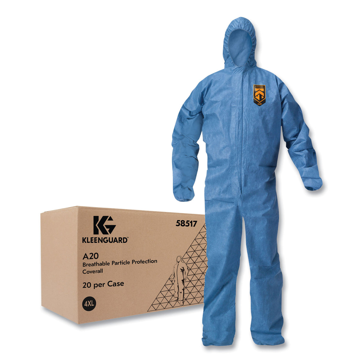 KleenGuard A20 Breathable Particle Protection Coveralls, Zip Front, Hood, Elastic Back, Wrists, Ankles, 4X-Large, Blue, 20/Carton (58517)