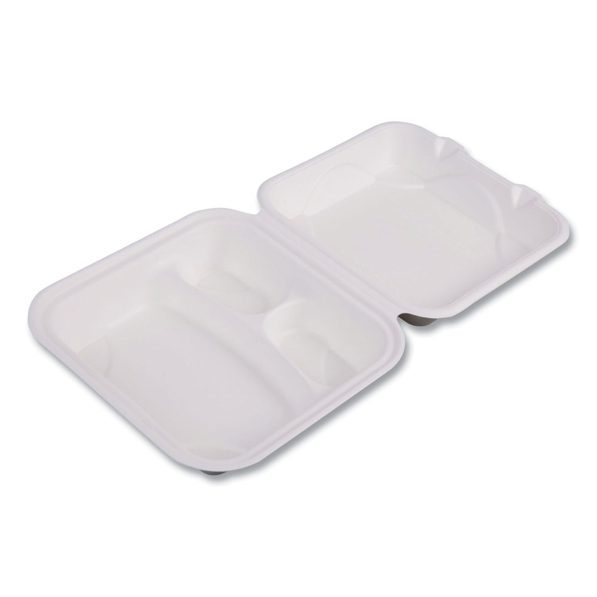 Vanguard Renewable And Compostable Sugarcane Clamshells, 3-compartment, 8 X 8 X 3, White, 200/carton