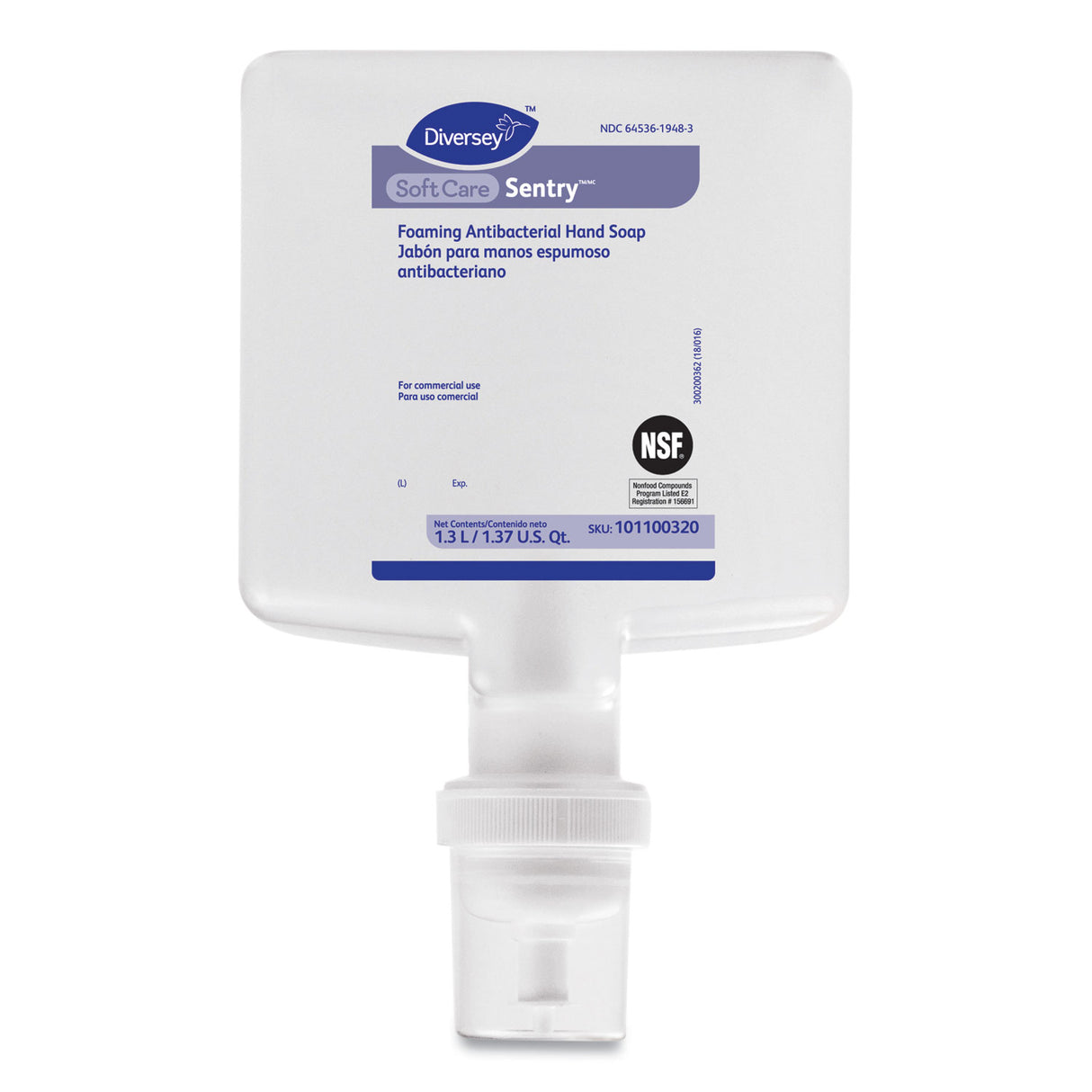 Diversey Soft Care Sentry Foaming Antibacterial Hand Soap Refill, Fragrance-Free, 1.3 L, 6/Carton (101100320)