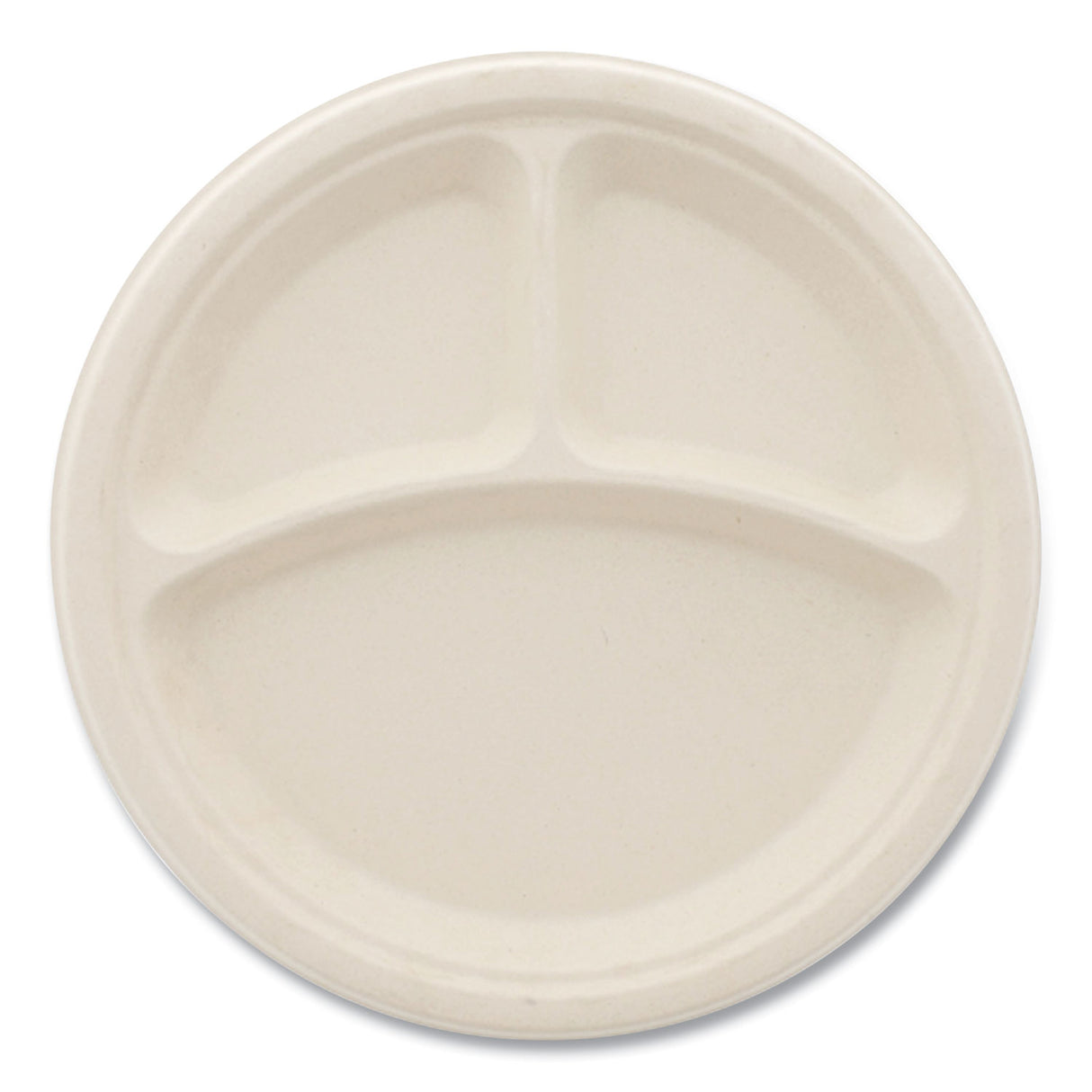 Boardwalk® Bagasse Plate, 10" dia, 3-Compartment, White, 500/CT (BWKPLT3C10NPFA)