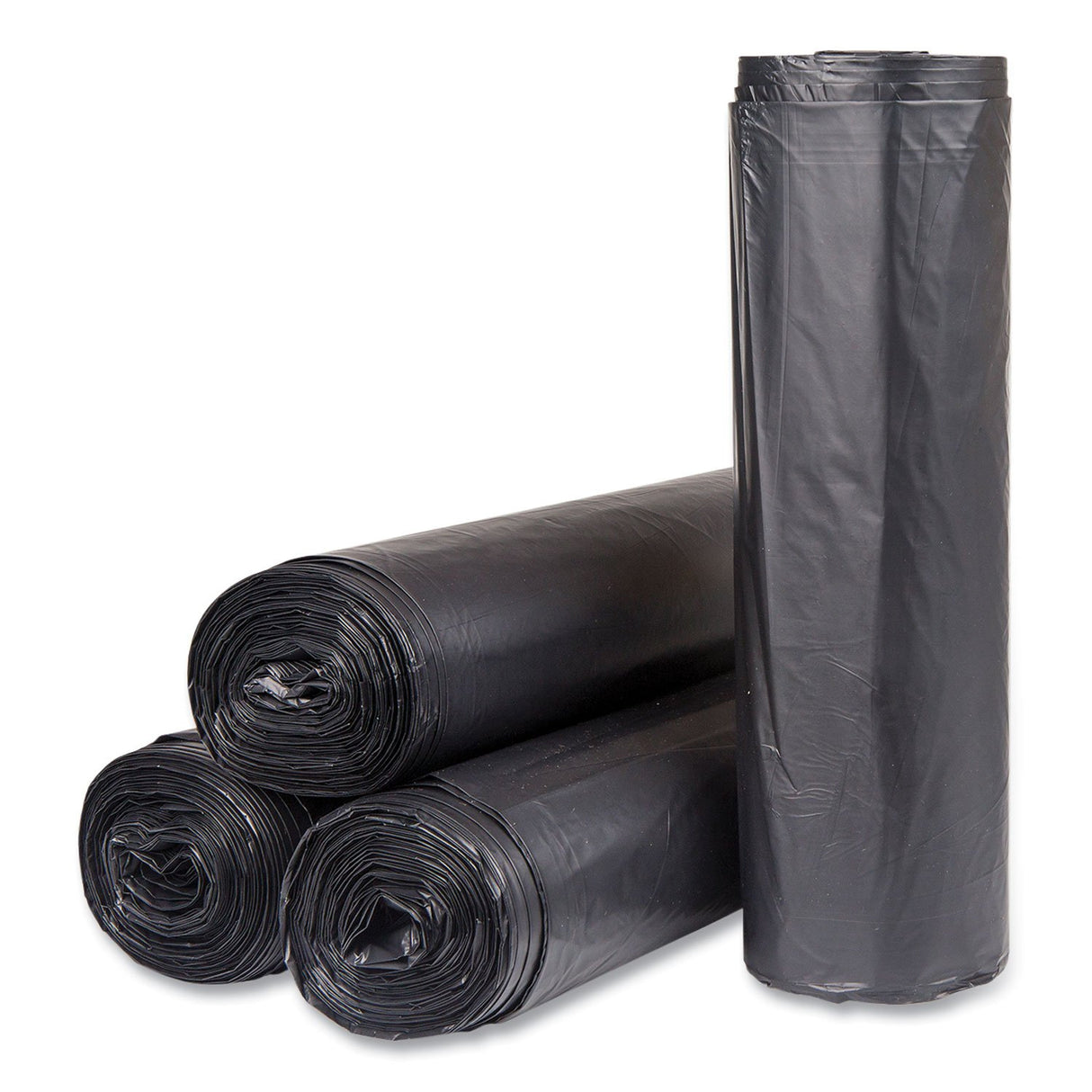 Inteplast Group High-Density Commercial Can Liners, 60 gal, 22 mic, 43" x 48", Black, Interleaved Roll, 25 Bags/Roll, 6 Rolls/Carton (S434822K)
