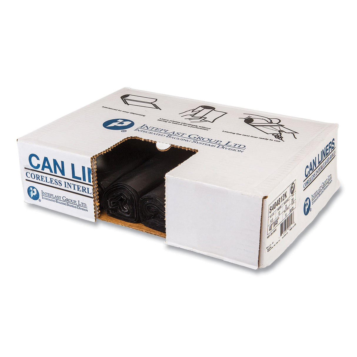 Inteplast Group High-Density Commercial Can Liners, 45 gal, 12 mic, 40" x 48", Black, Interleaved Roll, 25 Bags/Roll, 10 Rolls/Carton (S404812K)