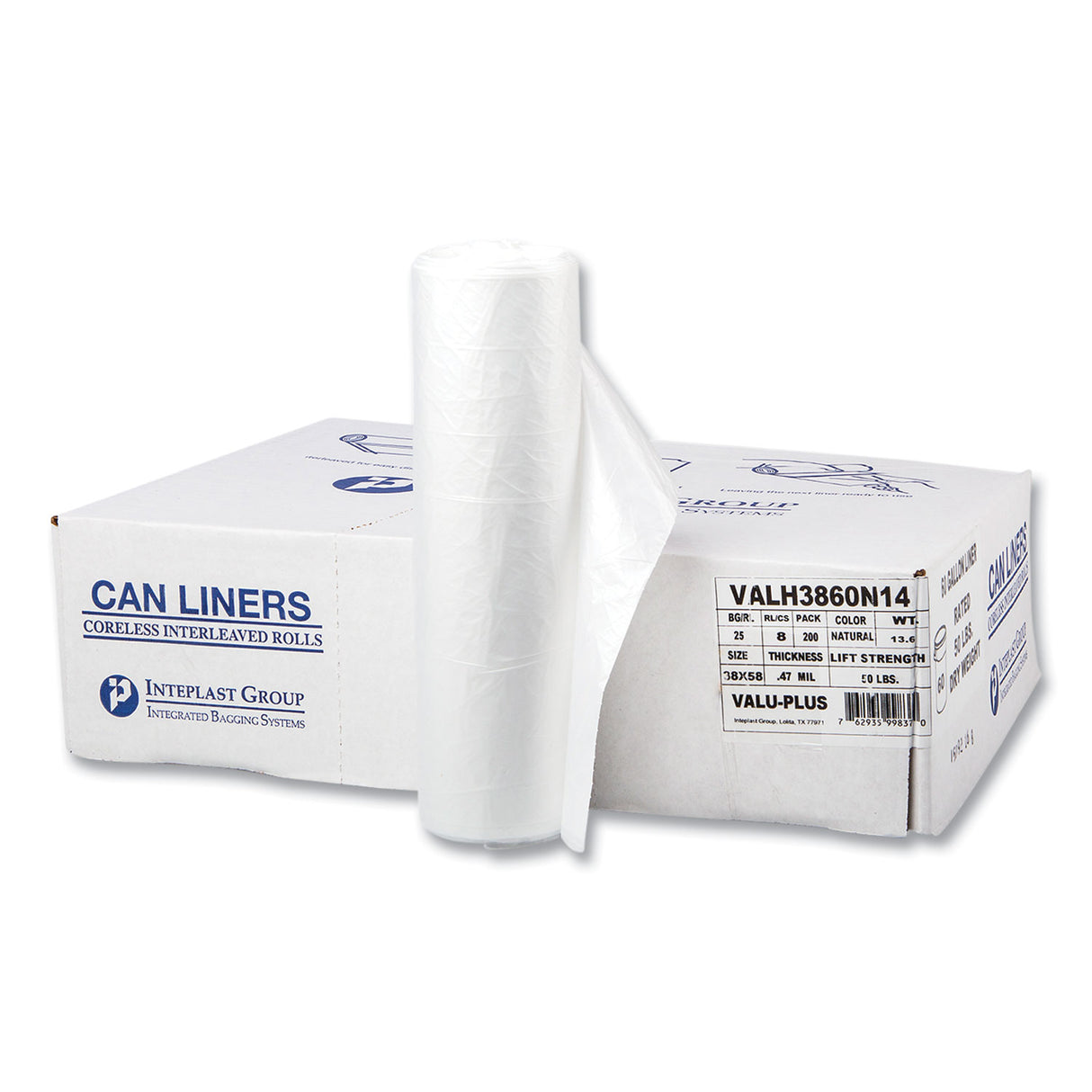 Inteplast Group High-Density Commercial Can Liner Value Pack, 60 gal, 12 mic, 38" x 58", Clear, Interleaved Roll, 25 Bags/Roll, 8 Rolls/CT (VALH3860N14)