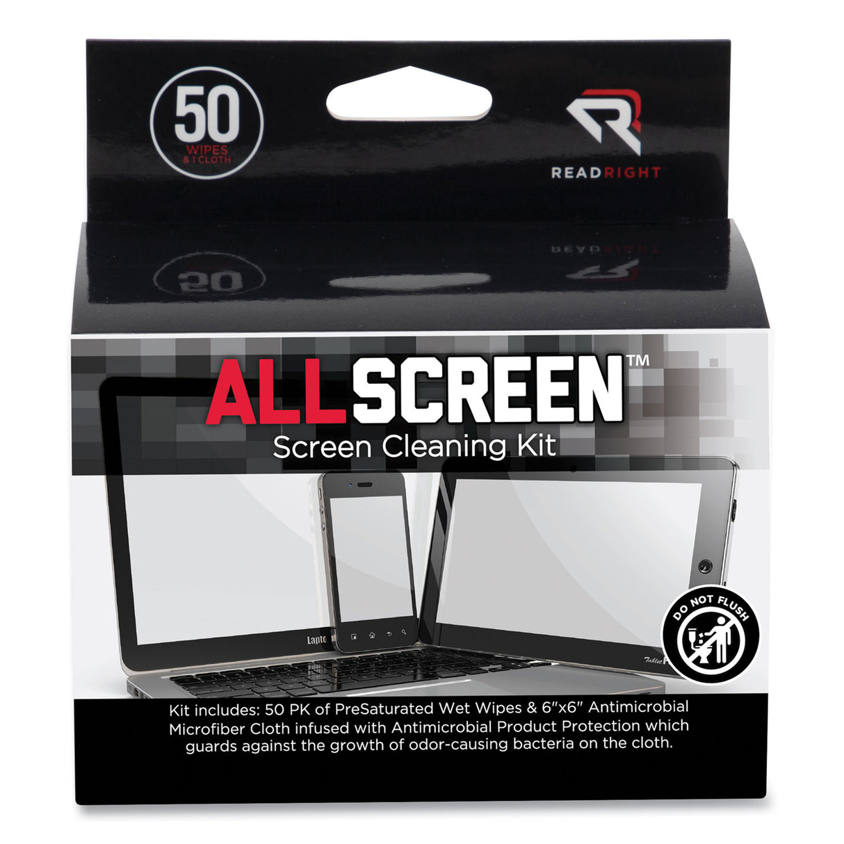 Read Right AllScreen Cleaning Kit with (1) 6 x 6 Microfiber Cloth, (50) 4 x 5 Individually Wrapped Pre-Saturated Wipes, Unscented, White (RR15039)