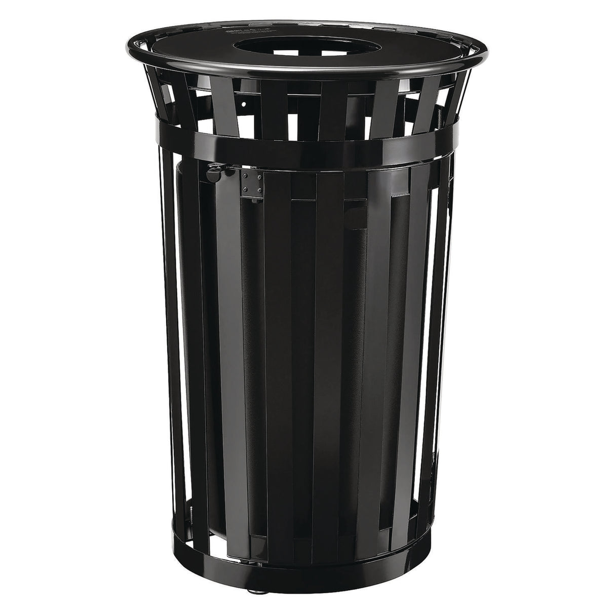Global Industrial Outdoor Slatted Steel Trash Can, With Access Door, 36 gal, Steel Black (261940BK)