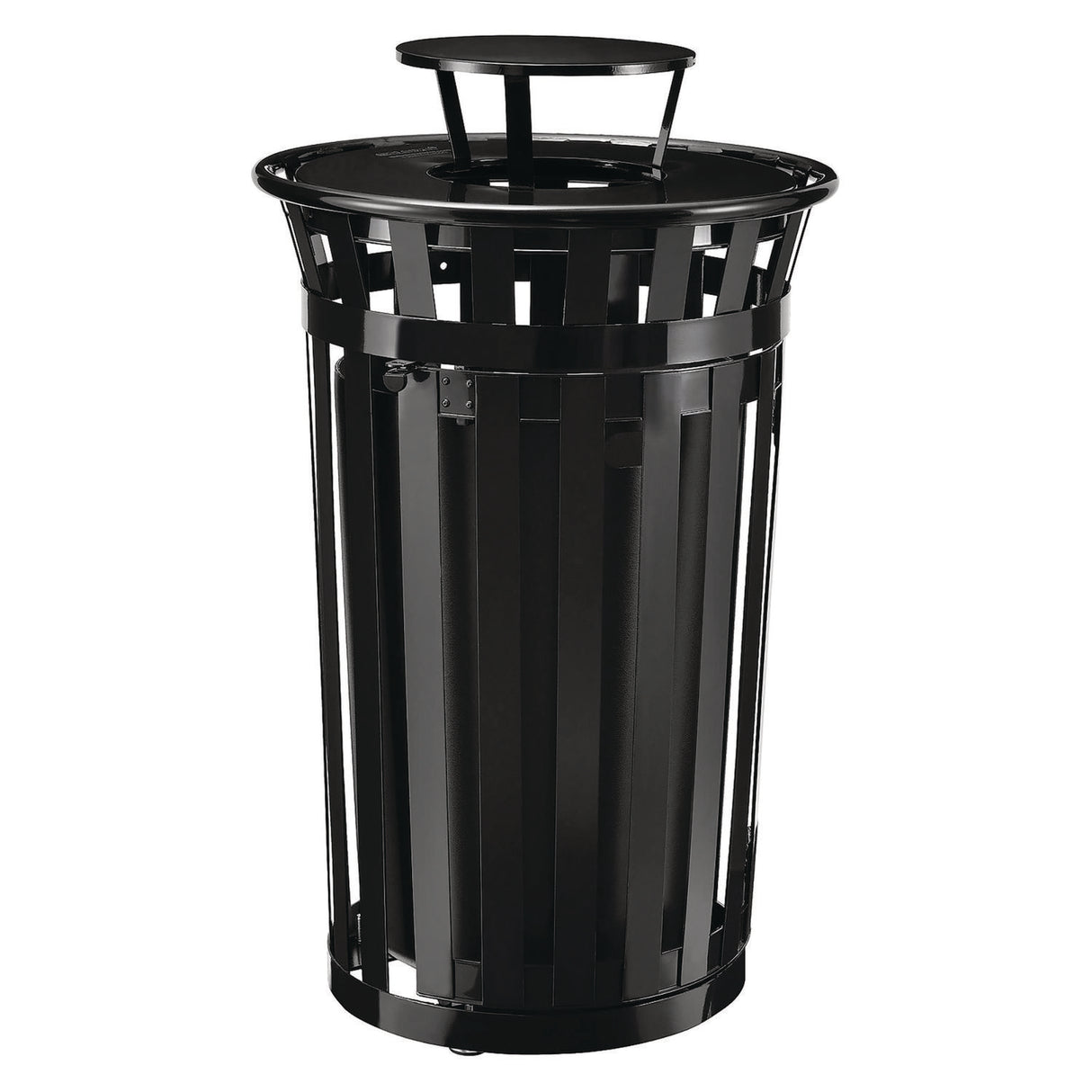 Global Industrial Outdoor Slatted Steel Trash Can, With Access Door and Rain Bonnet Lid, 36 gal, Black (261941BK)