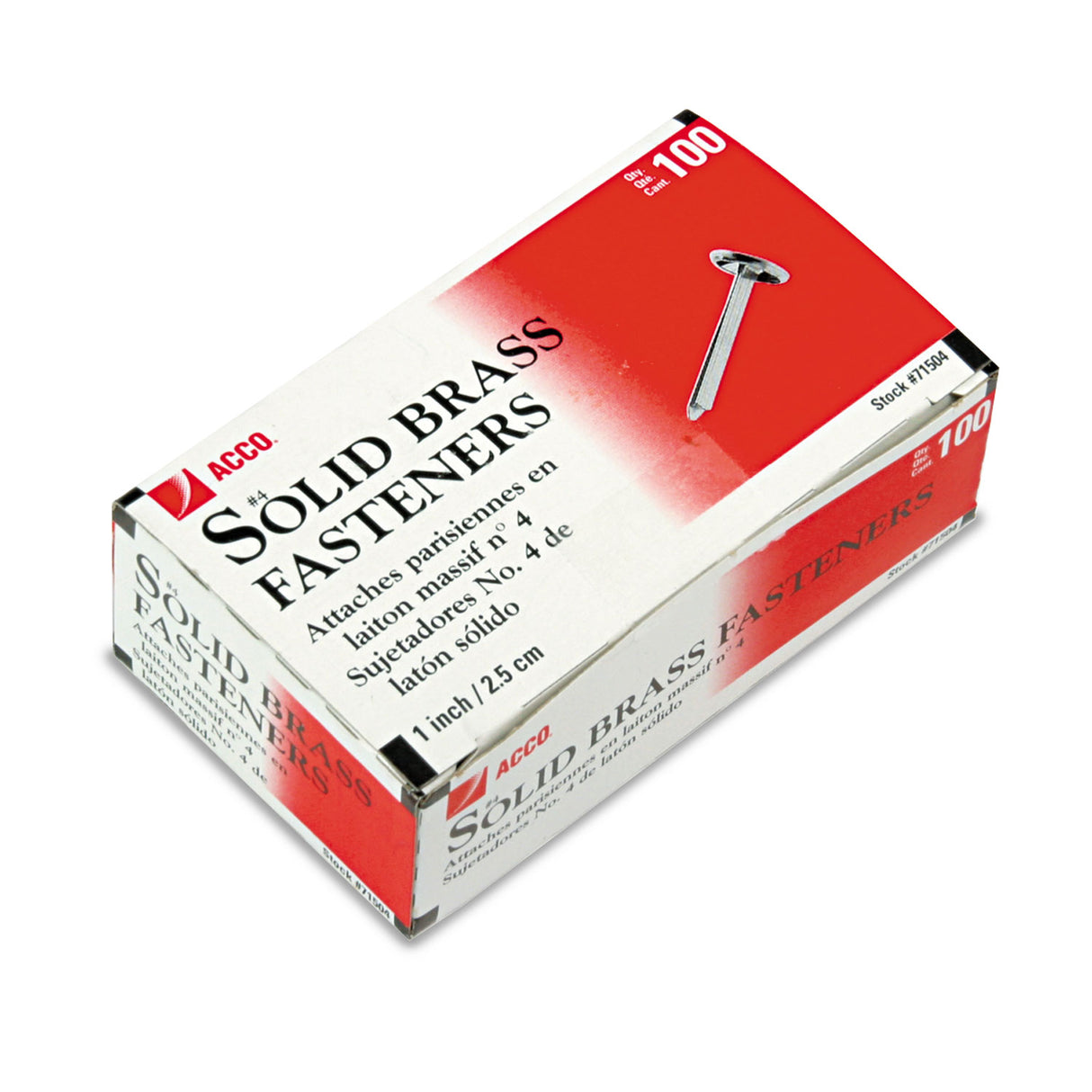 Acco #4 Brass Prong Paper Fasteners, 1" Capacity, Brass, 100/Box (71504)