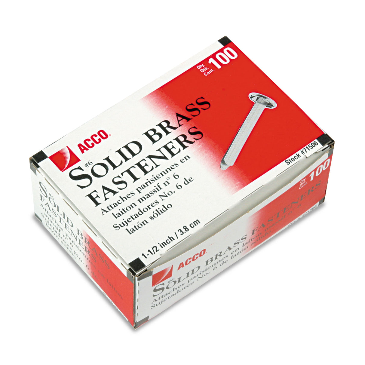 Acco #6 Brass Prong Paper Fasteners, 1.5" Capacity, Brass, 100/Box (71506)