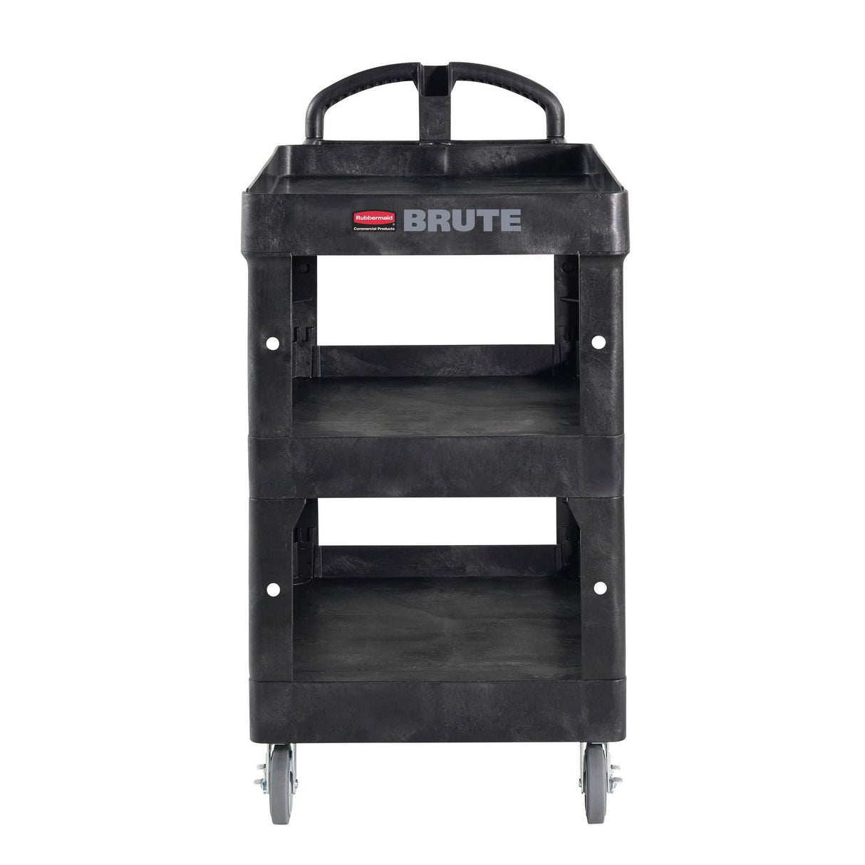 Rubbermaid Commercial BRUTE 3-Shelf Heavy-Duty Ergo Lipped Utility Cart, Resin, 3 Shelves, 600 lb Capacity, 25.24" x 44" x 47", Black (2196862)