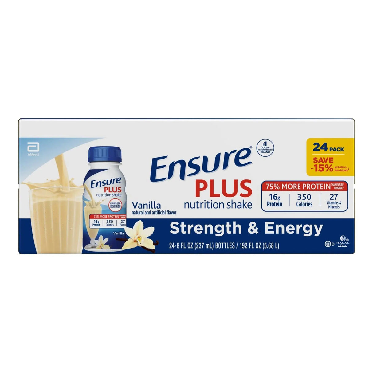 Ensure Plus Vanilla Shakes (24-Pack, 8 fl oz Each) | 16g Protein for Extra Nutrition Ensure