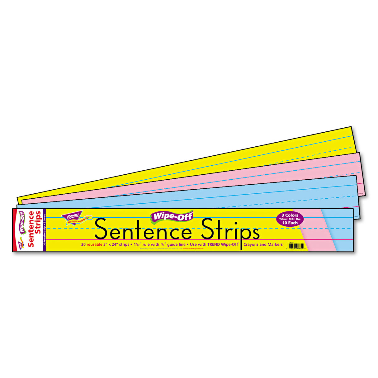 TREND Wipe-Off Sentence Strips, 24 x 3, Blue; Pink; Yellow, 30/Pack (T4002)