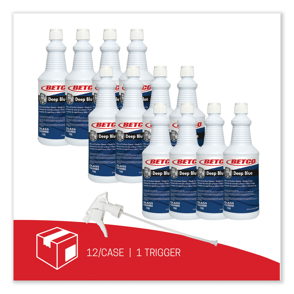 Betco Deep Blue Glass and Surface Cleaner, Ammonia Scent, 32 oz Bottle, 12/Carton (1081200)