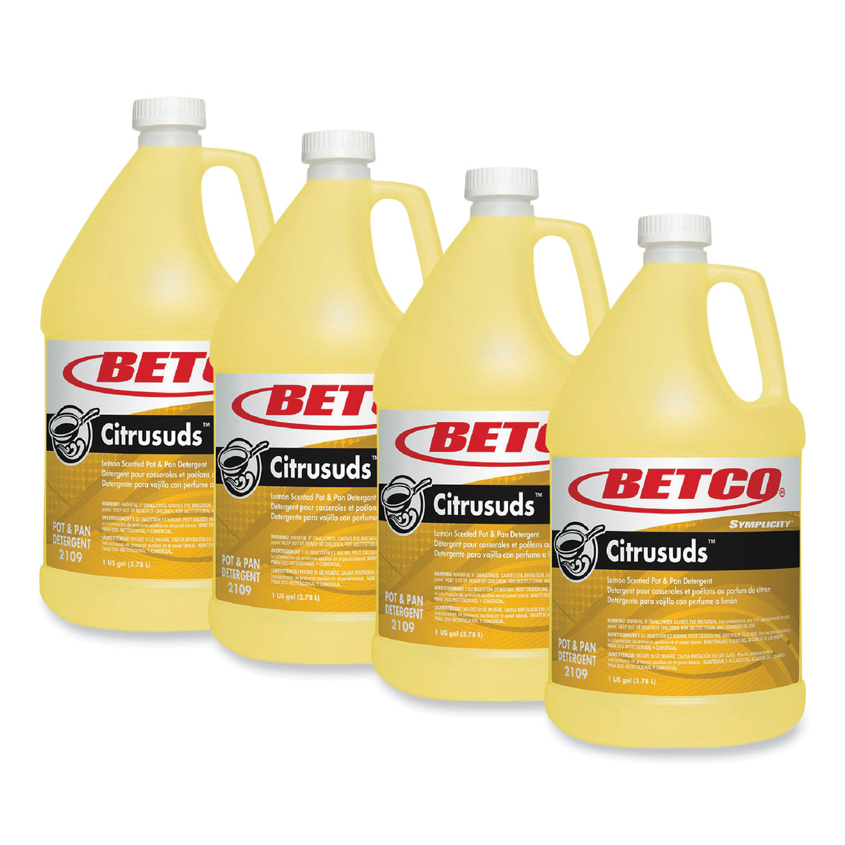 Betco Symplicty Citrusuds Manual Dishwashing Detergent, Lemon Scent, 1 gal Bottle, 4/Carton (21090400)