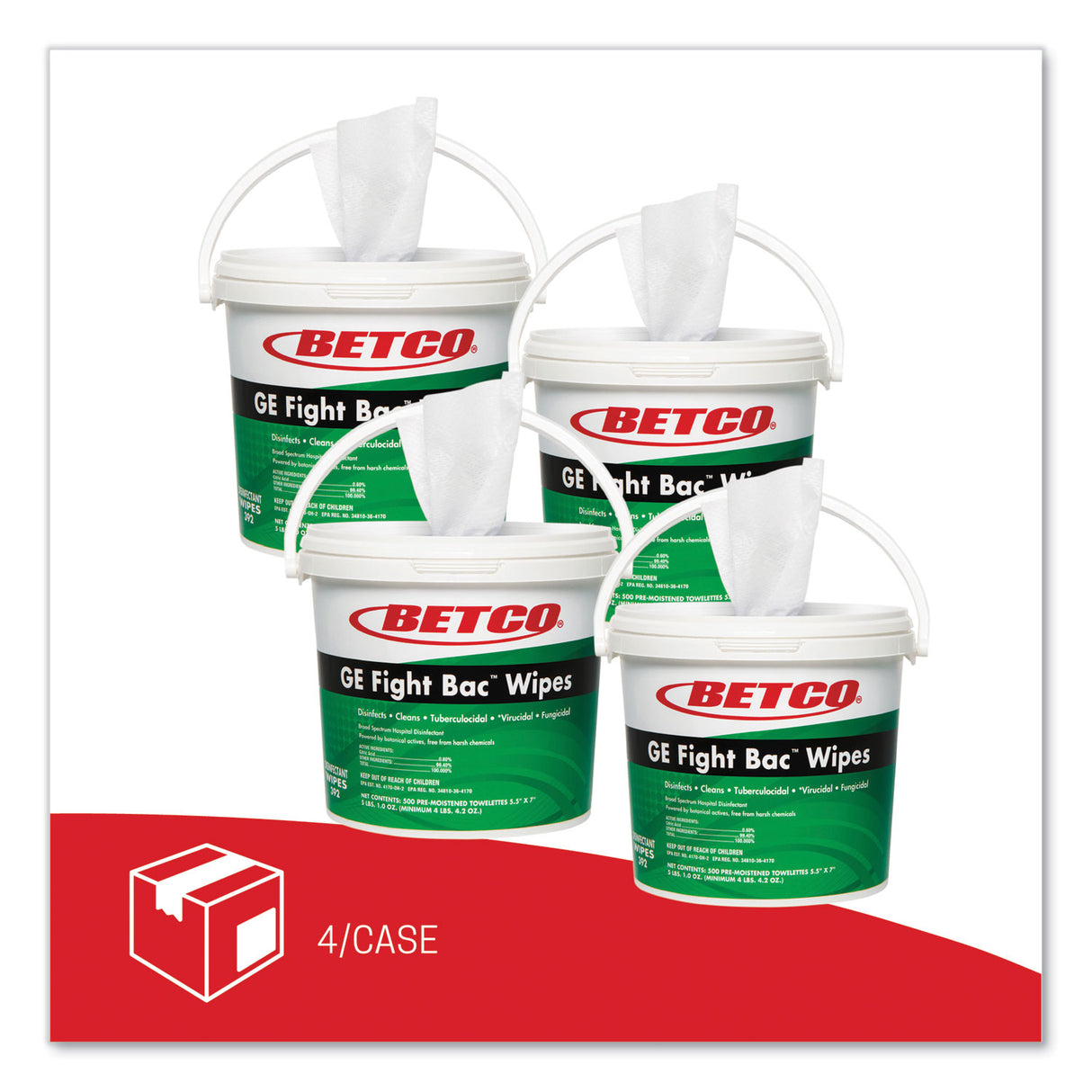 Betco GE Fight Bac Disinfecting Wipes, 5.5 x 7, Fresh Scent, 500/Bucket, 4 Buckets/Carton (392F100CT)
