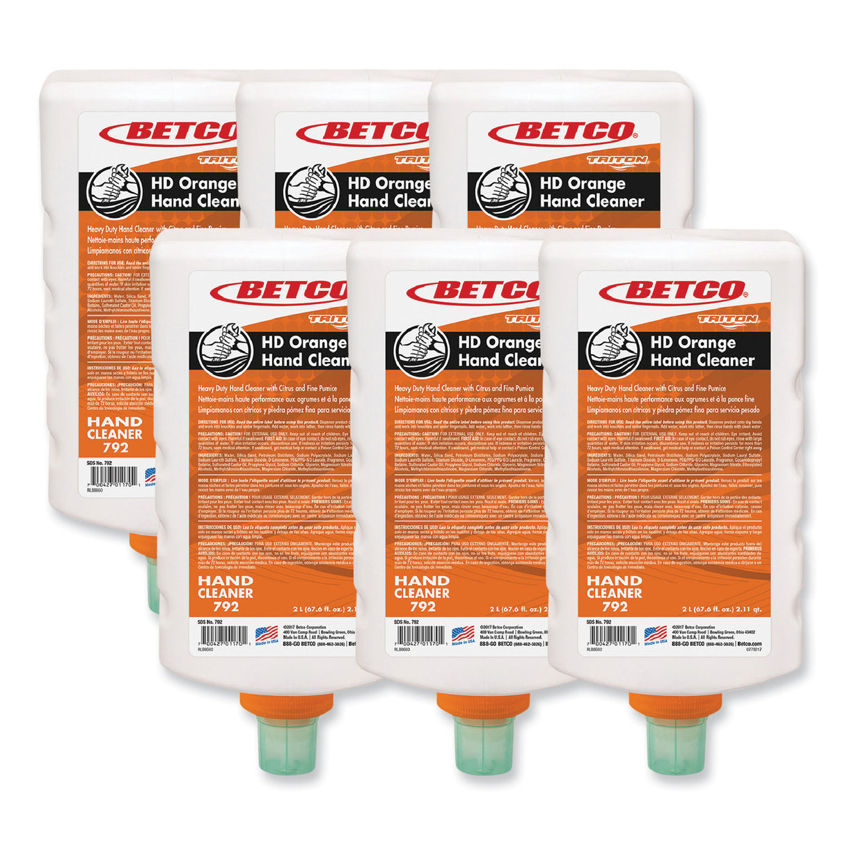 Betco HD Orange Hand Cleaner Refill for Triton Dispensers, Citrus Zest Scent, 2 L, 6/Carton (7926200)