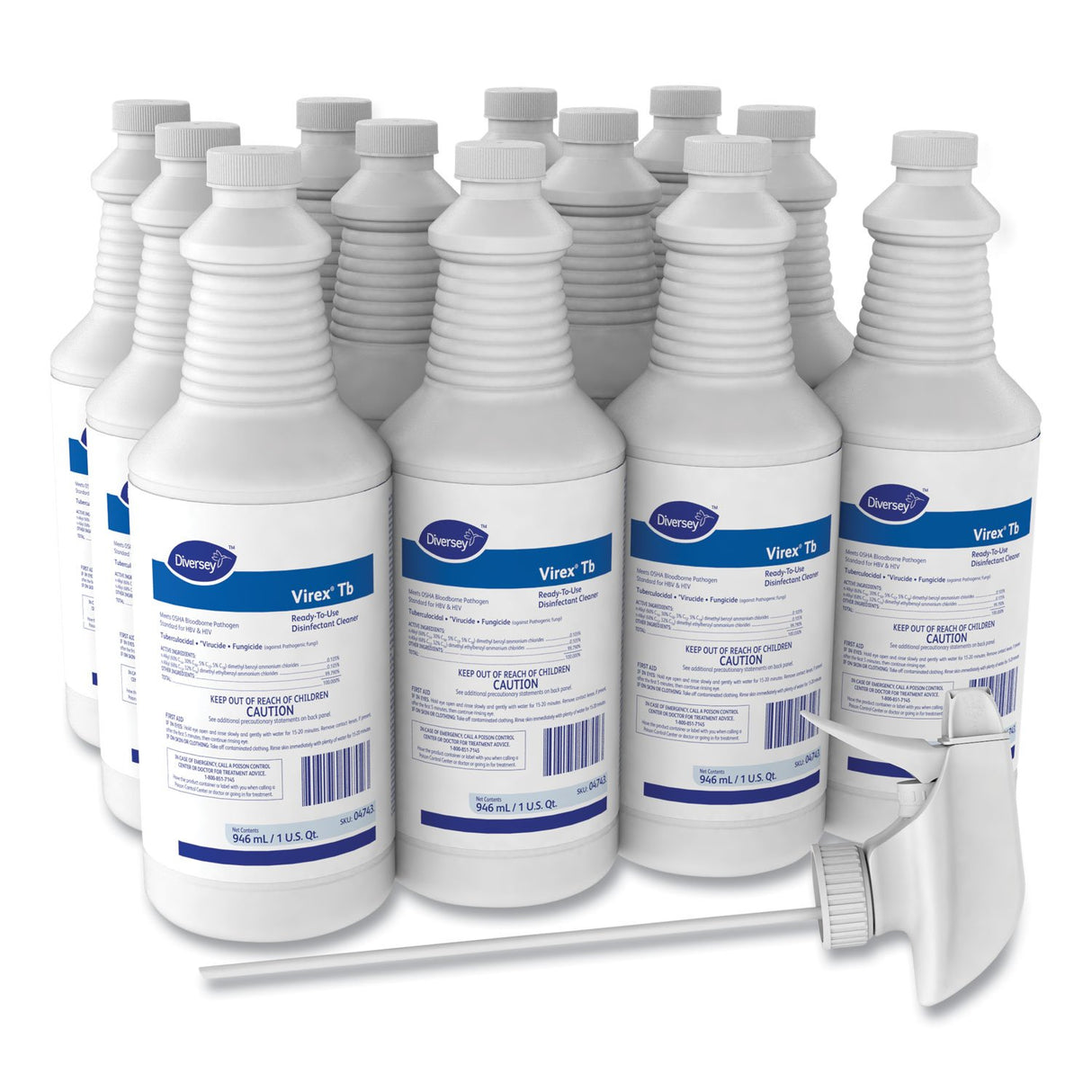 Diversey Virex TB Disinfectant Cleaner, Lemon Scent, Liquid, 32 oz Bottle, 12/Carton (04743)
