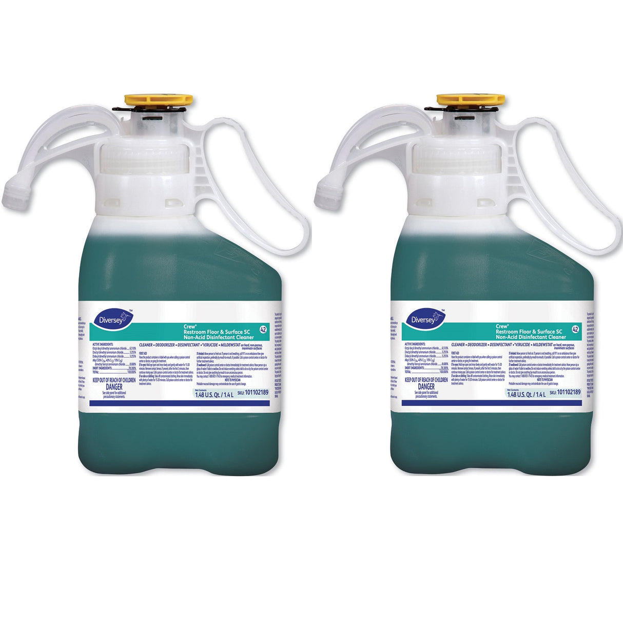 Diversey Crew Restroom Floor and Surface SC Non-Acid Disinfectant Cleaner, Fresh, 1.4 L Bottle, 2/Carton (101102189)