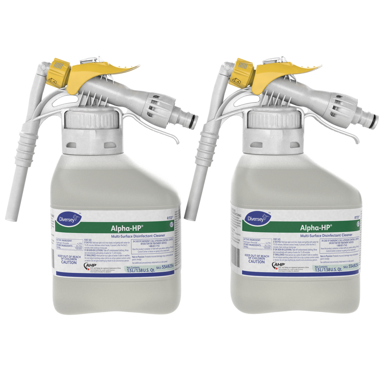 Diversey Alpha-HP Multi-Surface Disinfectant Cleaner, Citrus Scent, 1.5 L RTD Spray Bottle, 2/Carton (5549254)
