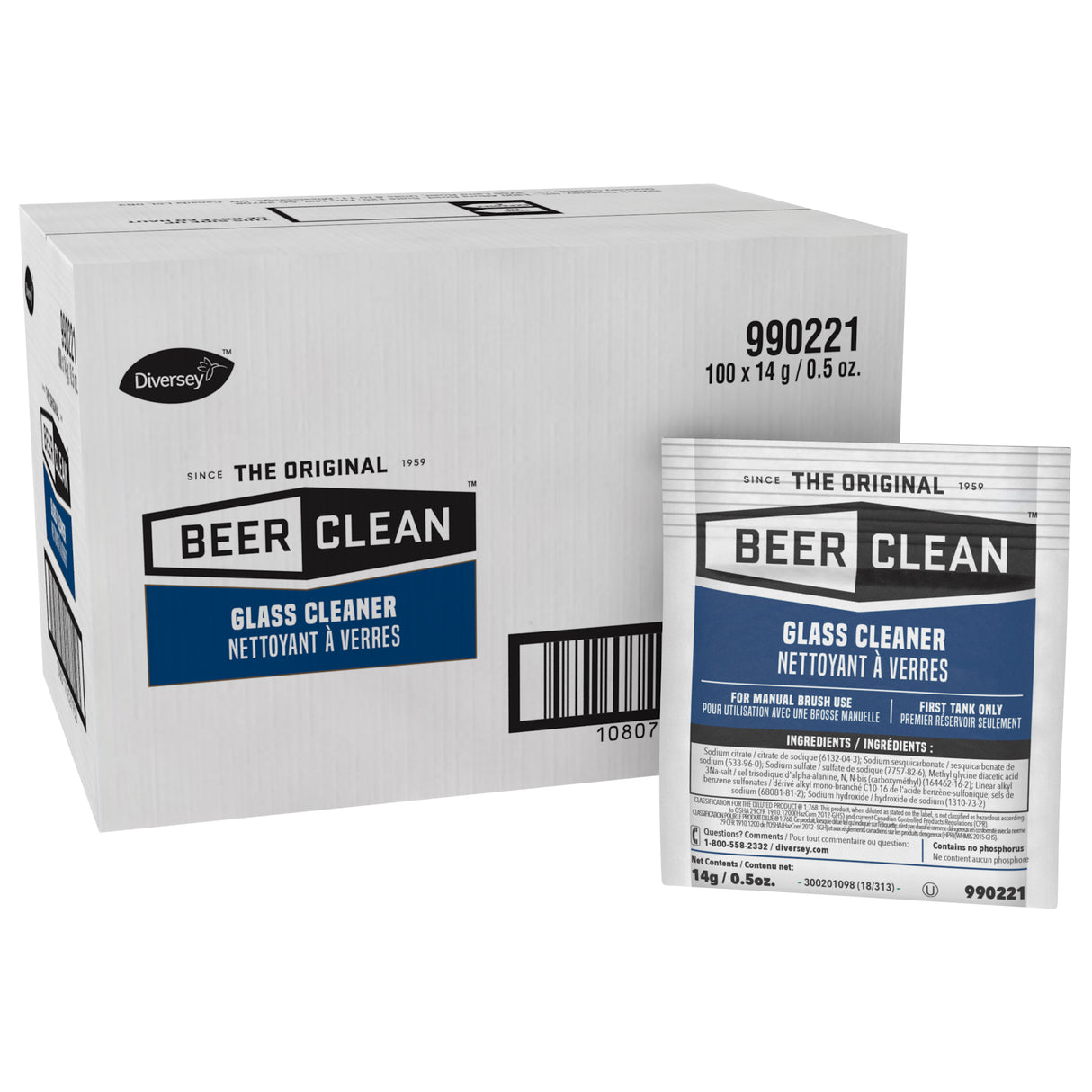 Diversey Beer Clean Glass Cleaner, Powder, 0.5 oz Packet, 100/Carton (990221)