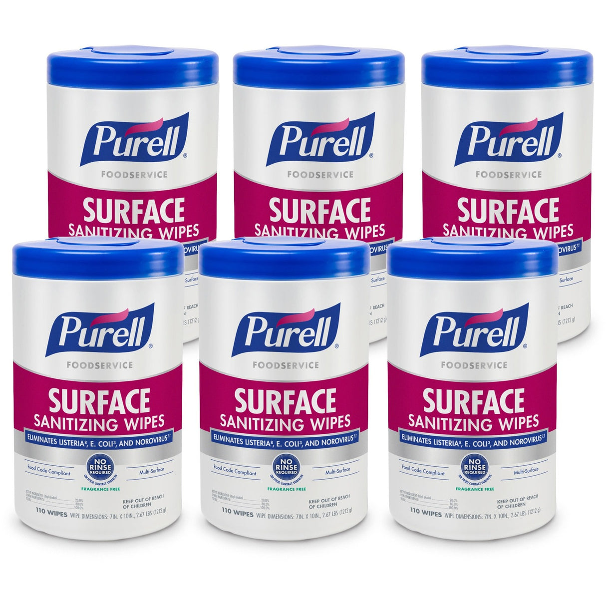 PURELL Foodservice Surface Sanitizing Wipes, 1-Ply, 10 x 7, Fragrance-Free, White, 110/Canister, 6 Canisters/Carton (934106CT)