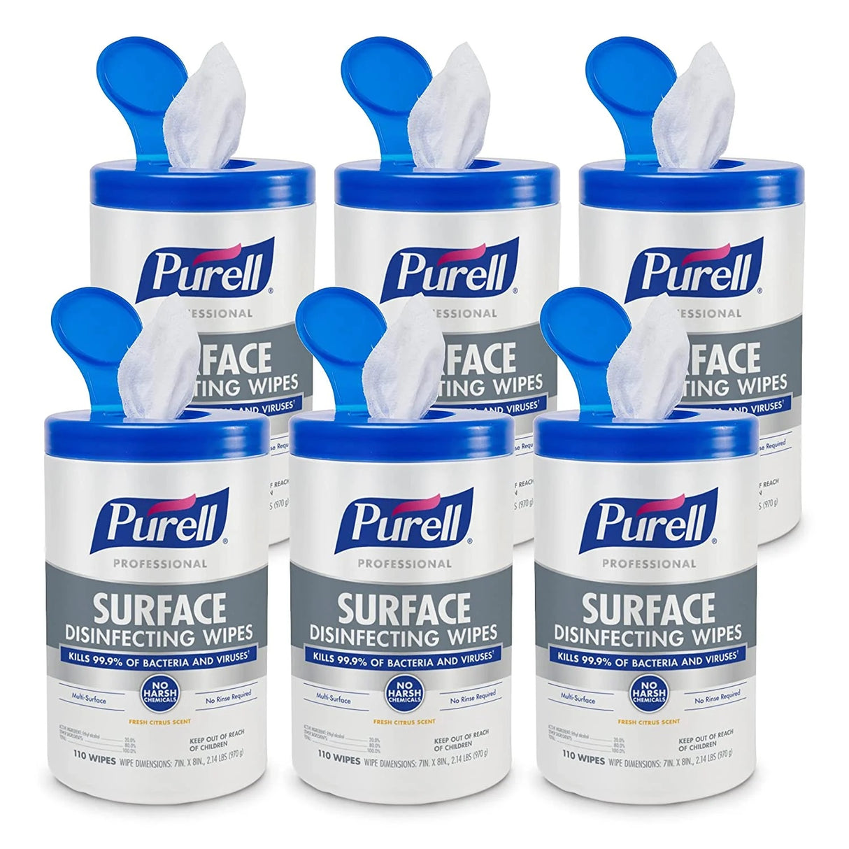 PURELL Professional Surface Disinfecting Wipes, 1-Ply, 7 x 8, Fresh Citrus, White, 110/Canister, 6 Canisters/Carton (934206CT)