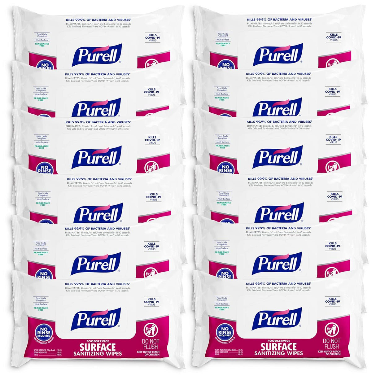 PURELL Foodservice Surface Sanitizing Wipes, 1-Ply, 7.4 x 9, Fragrance-Free, White, 72/Pouch, 12 Pouches/Carton (937112CT)