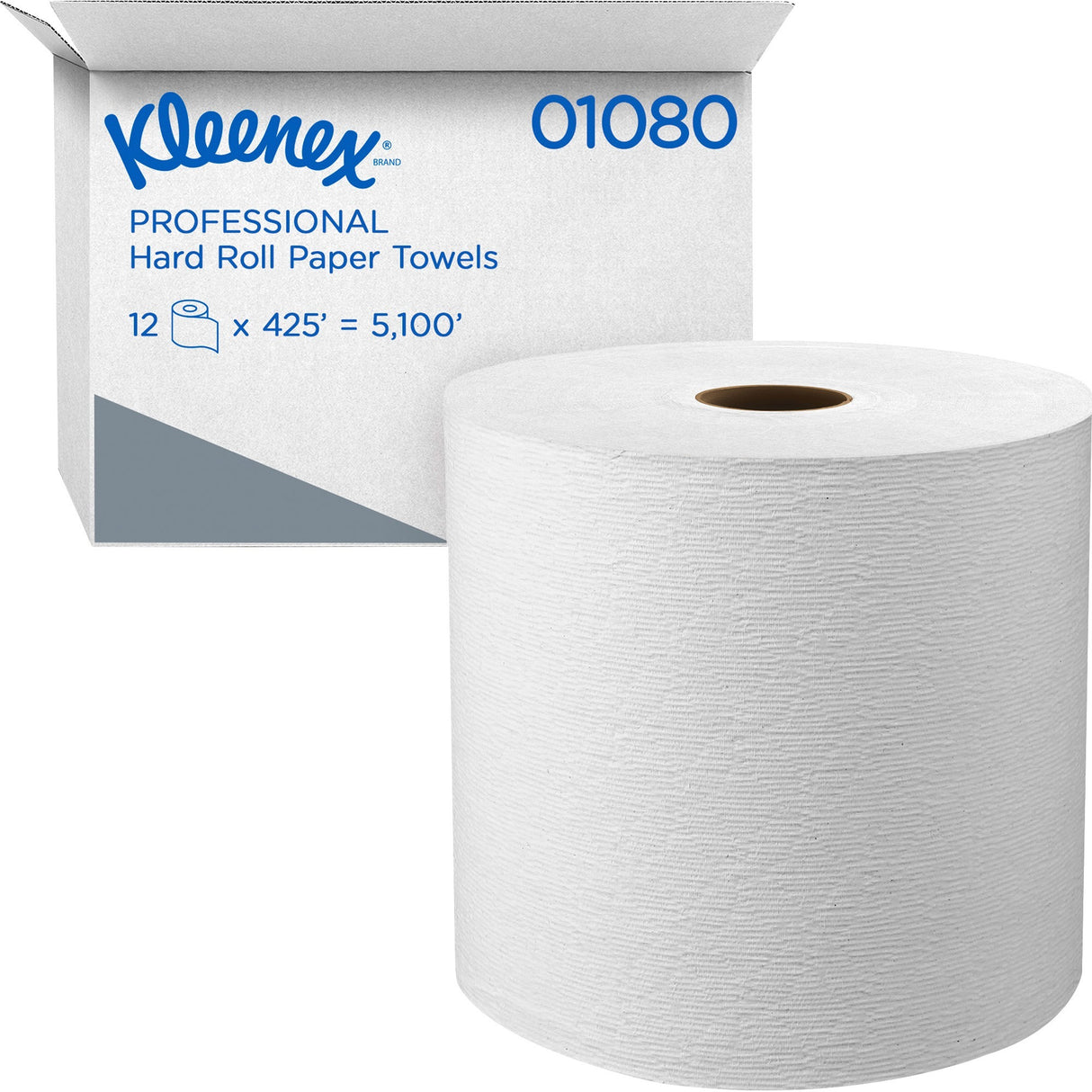 Kleenex Hard Roll Paper Towels with Premium Absorbency Pockets, 1-Ply, 8" x 425 ft, 1.5" Core, White, 12 Rolls/Carton (01080)