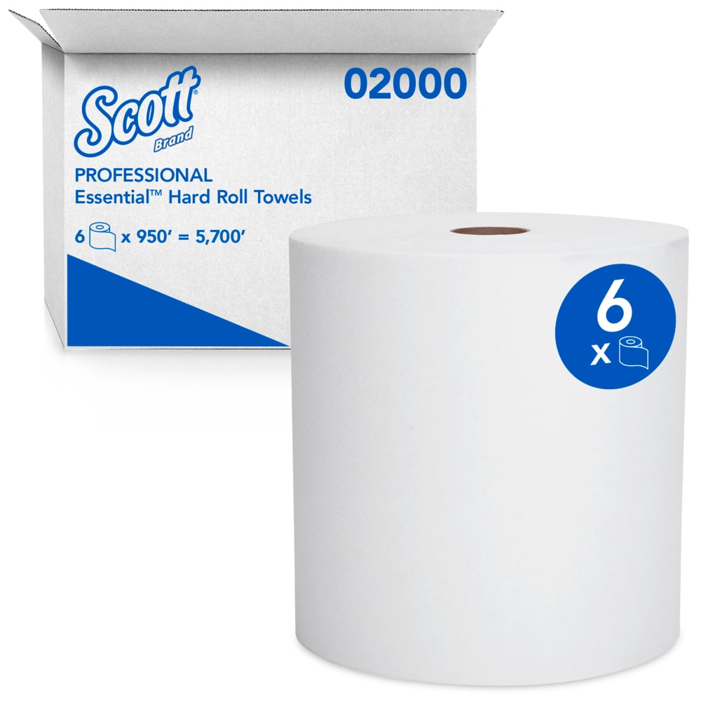 Scott Essential High Capacity Hard Roll Towels for Business, Absorbency Pockets, 1-Ply, 8" x 950 ft, 1.75" Core, White, 6 Rolls/CT (02000)