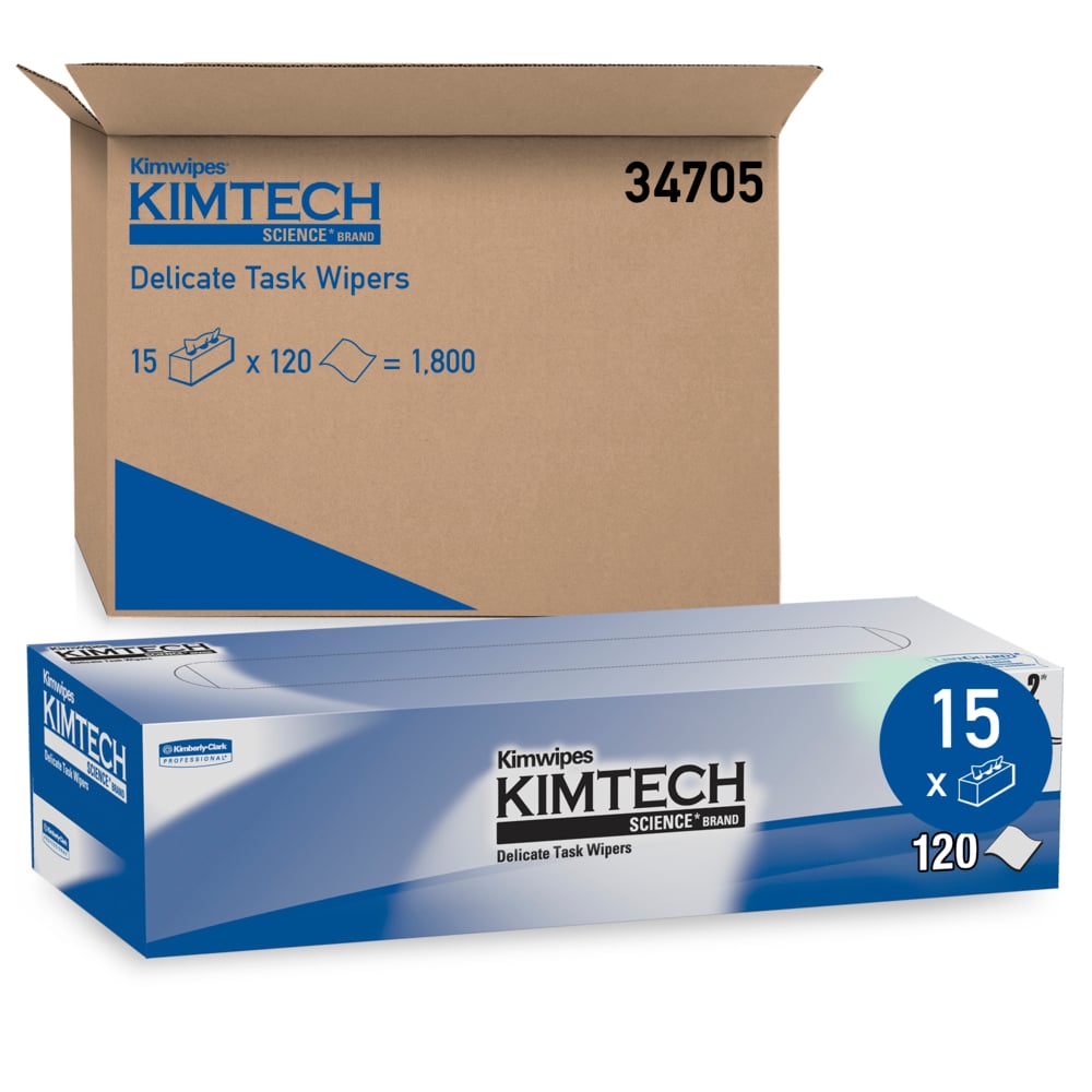 Kimtech Kimwipes Delicate Task Wipers, 2-Ply, 11.8 x 11.8, Unscented, White, 120/Box, 15 Boxes/Carton (34705)