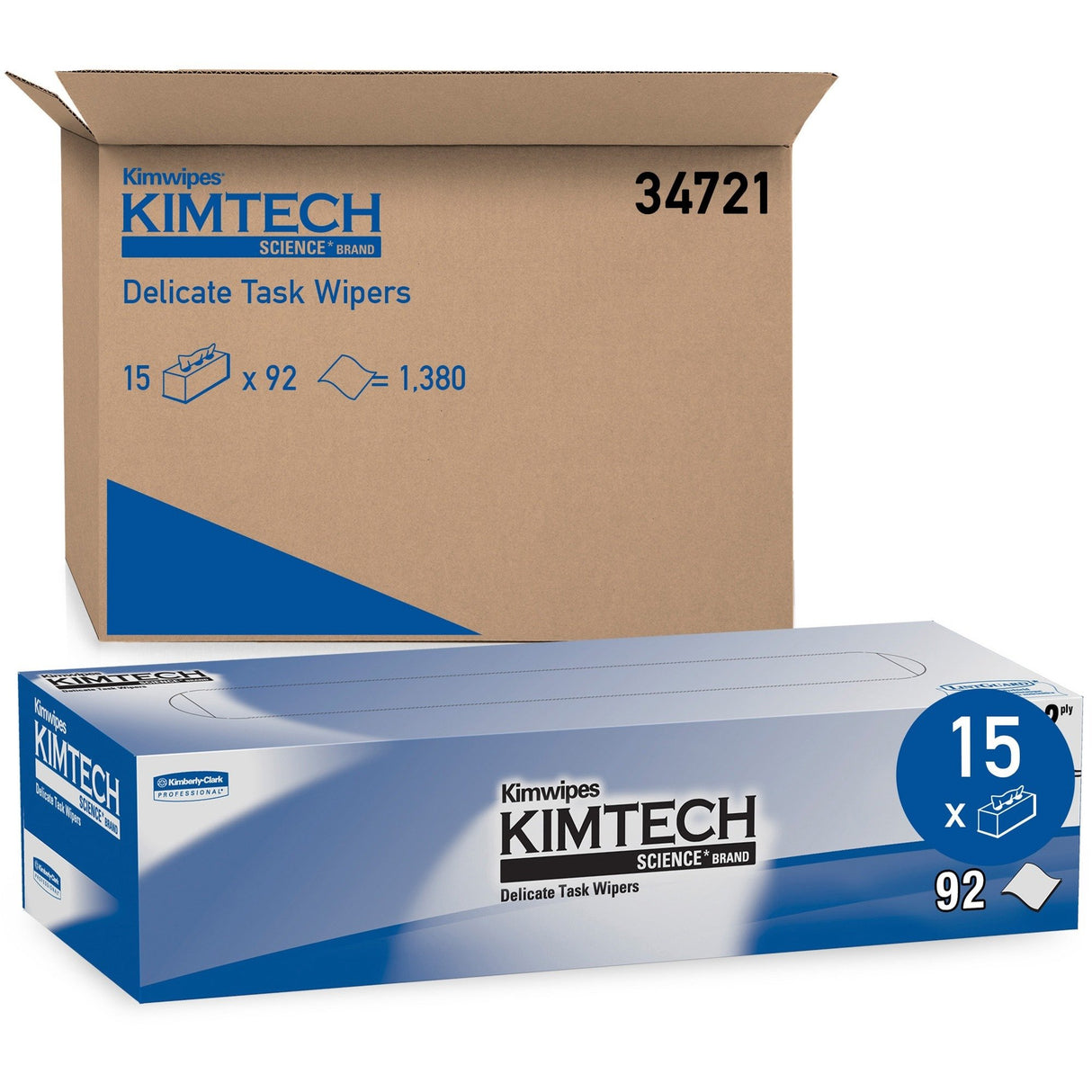 Kimtech Kimwipes Delicate Task Wipers, 2-Ply, 14.7 x 16.6, Unscented, White, 92/Box, 15 Boxes/Carton (34721)