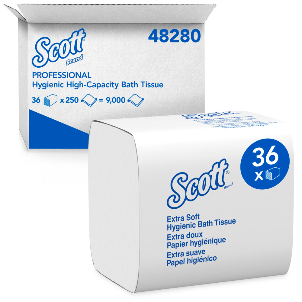 Scott® Hygienic Bath Tissue, 2-Ply, 250 Wipe Pack, 36 Packs (48280)