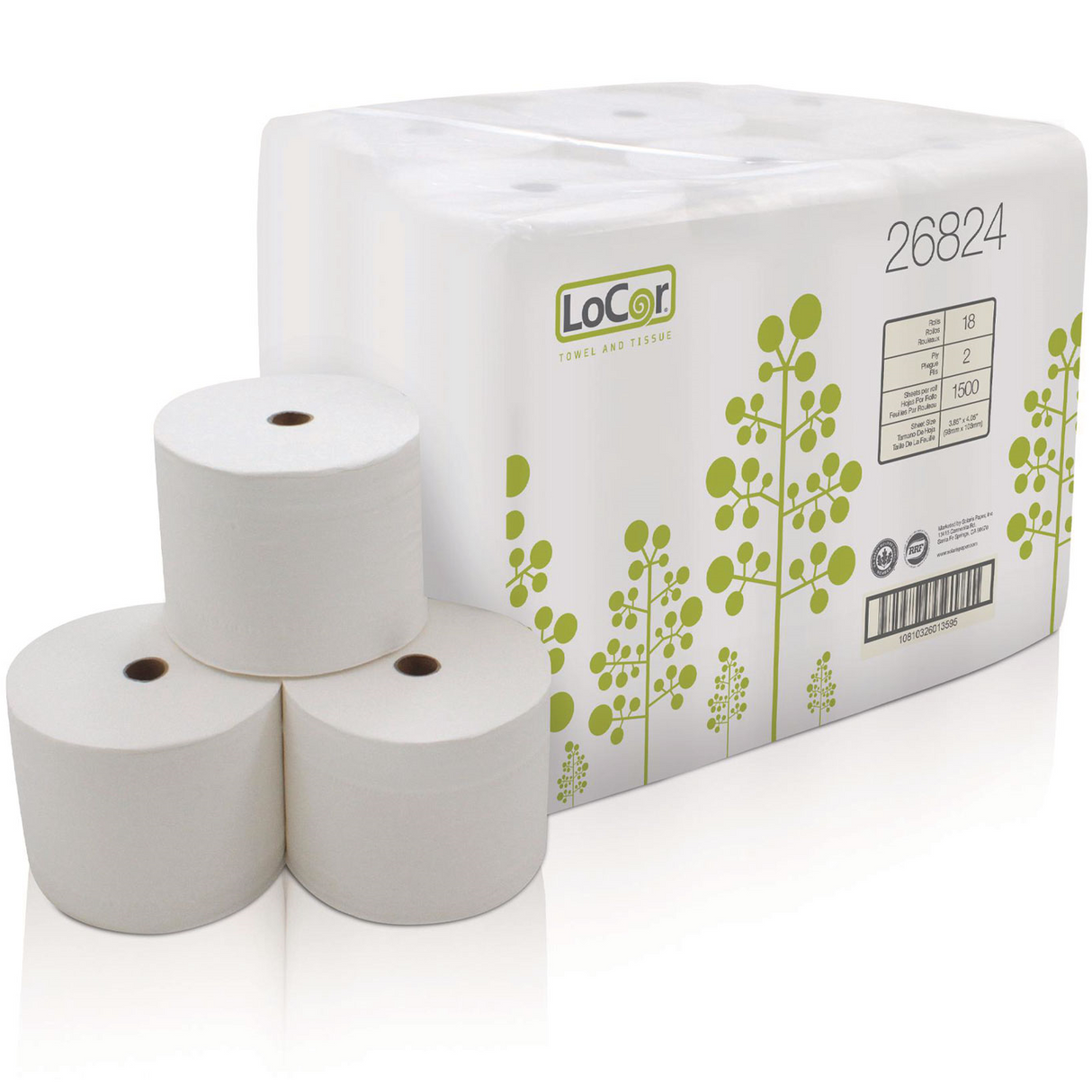 LoCor® High Capacity Toilet Paper, 2-Ply, 1500 Sheets, 18 Rolls (26824)