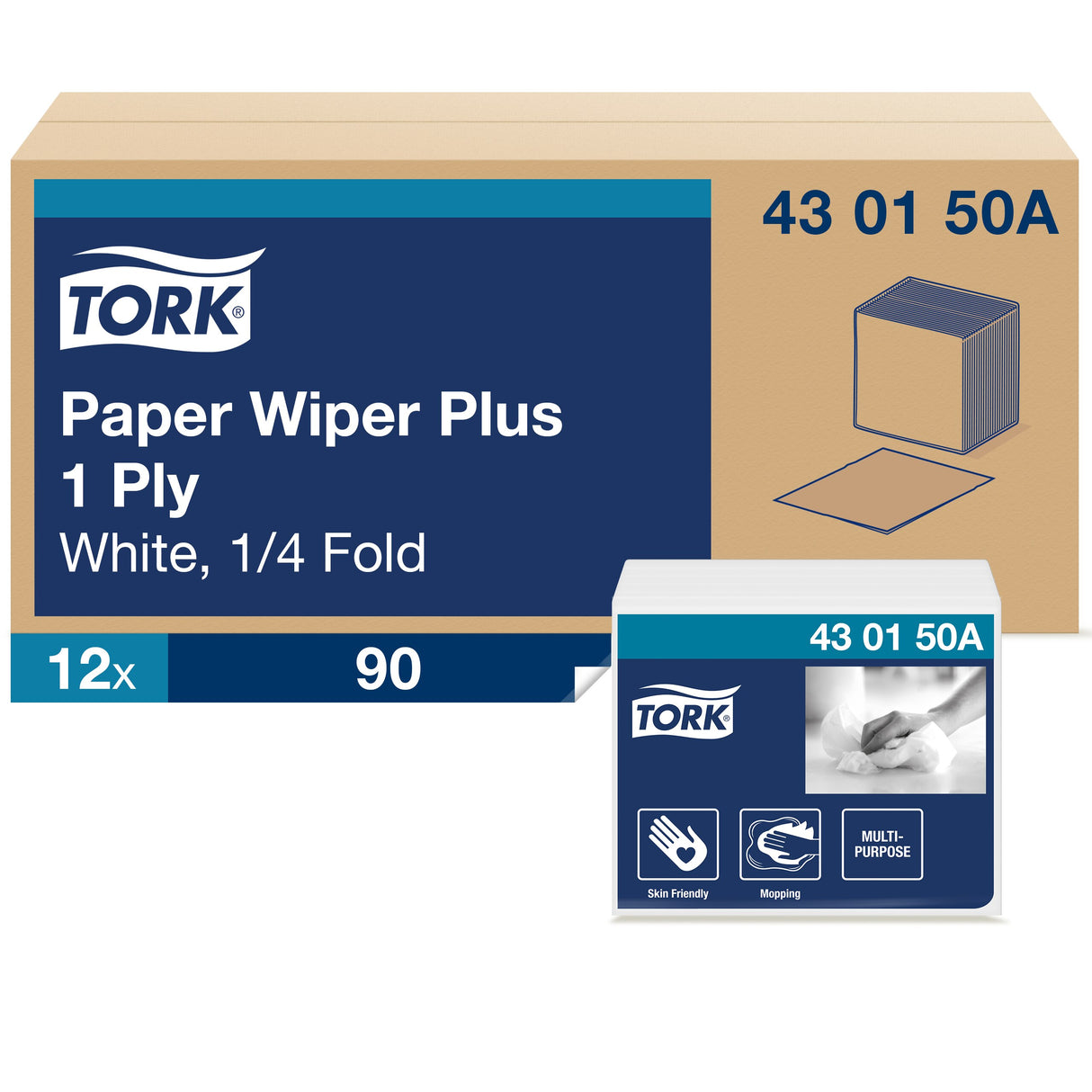 Tork Paper Wiper Plus, 12.5 x 13, White, 1/4 Fold, 90/Pack, 12 Packs/Carton (430150A)
