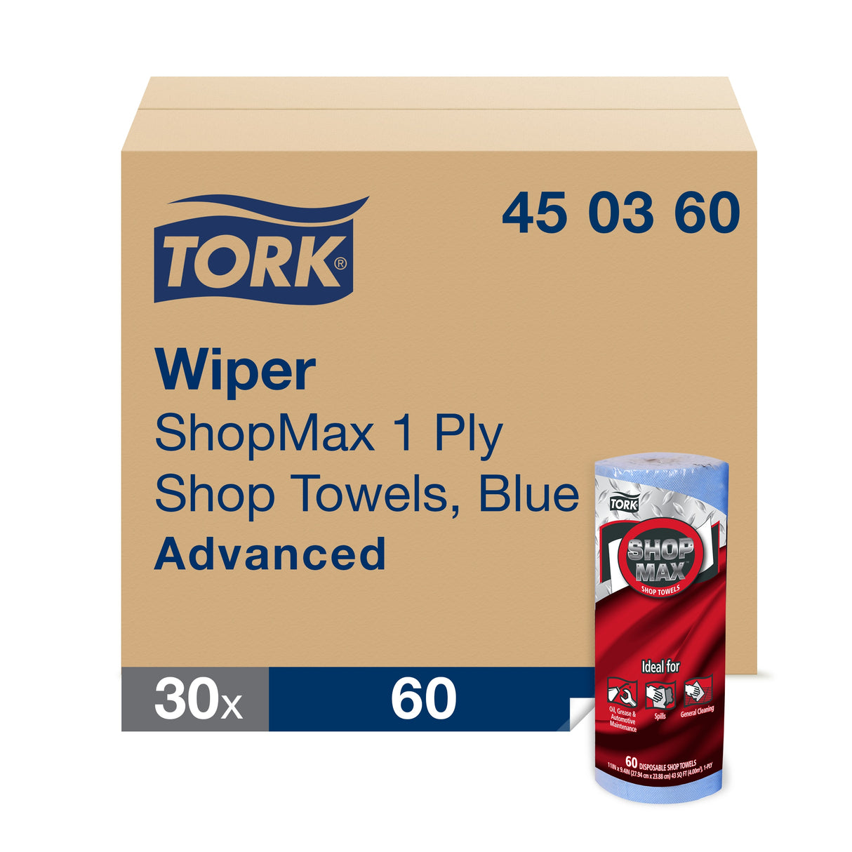 Tork Advanced ShopMax Wiper 450, 11 x 9.4, Blue, 60/Roll, 30 Rolls/Carton (450360)