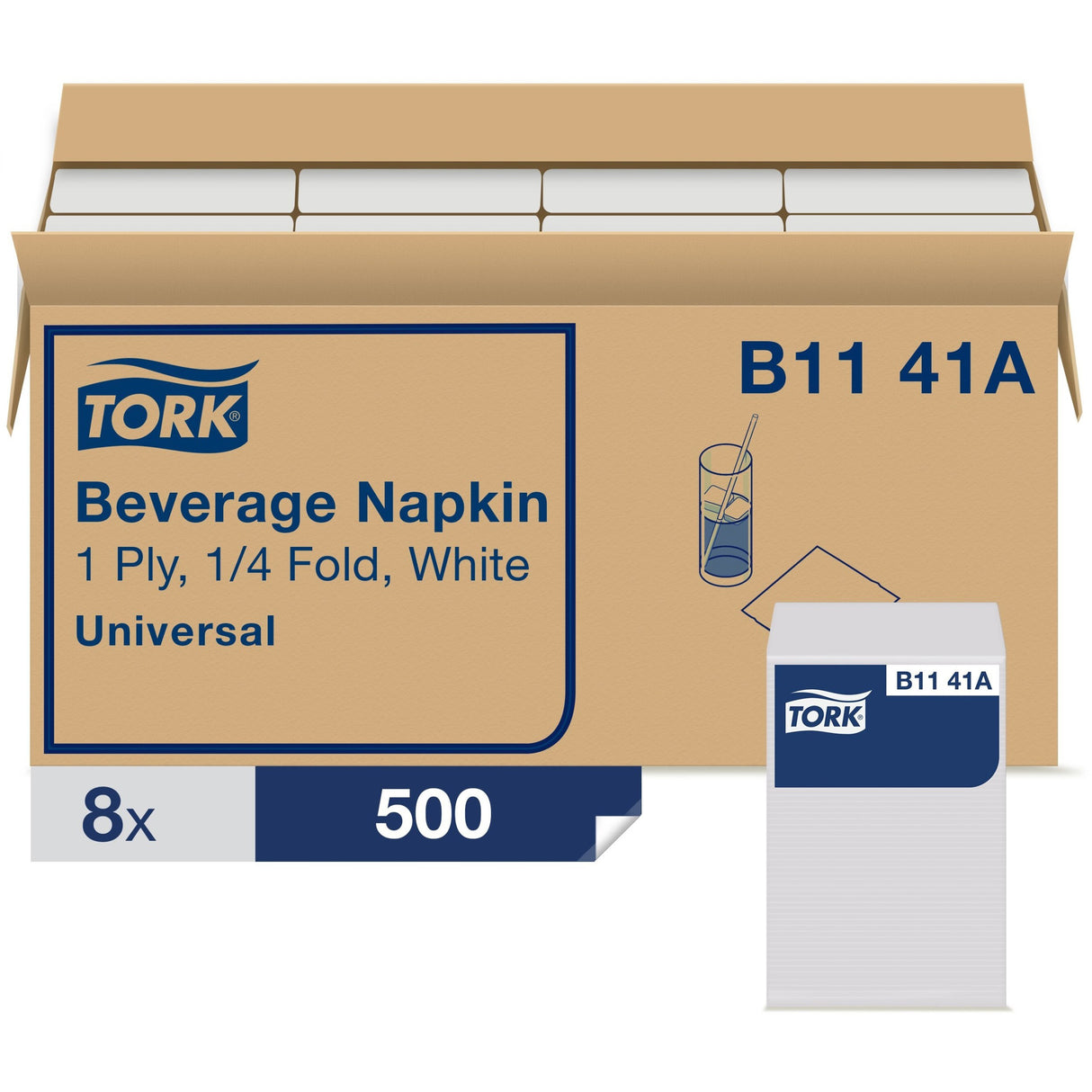 Tork® Beverage Napkins, 1-Ply, 500 Napkin Pack, 8 Packs (B1141A)