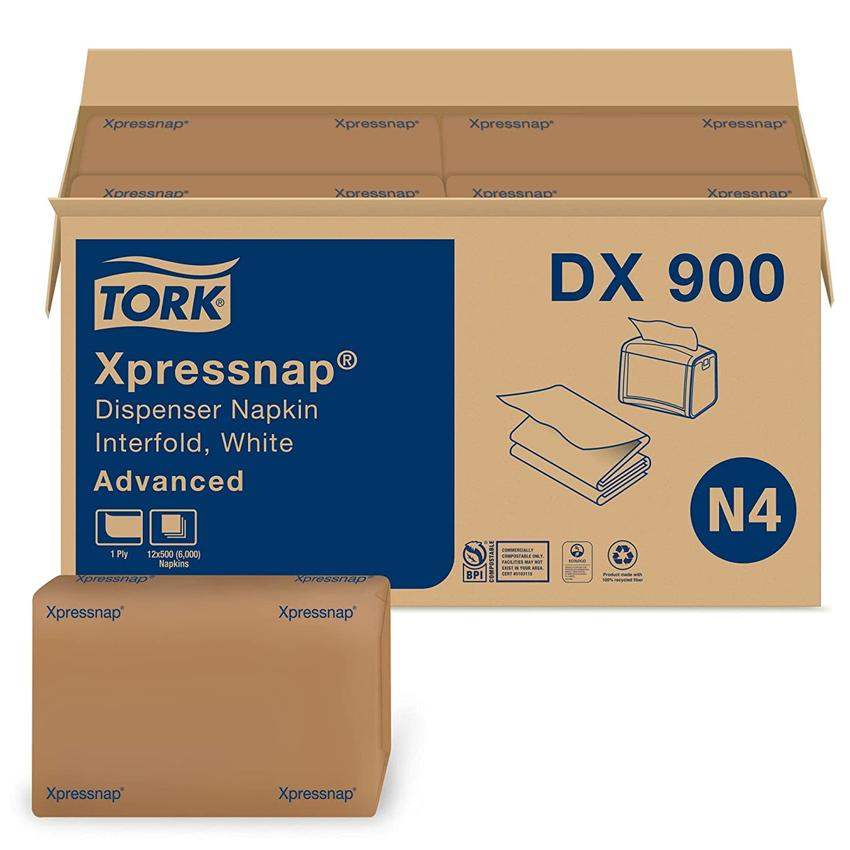 Tork® Xpressnap Interfold Napkins, 1-Ply, White, 500 Napkin Pack, 12 Packs (DX900)
