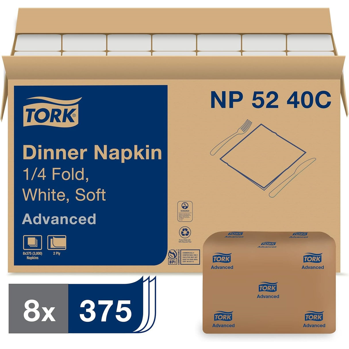 Tork® Advanced Dinner Napkins, 2-Ply, White, 375 Napkin Pack, 8 Packs (NP5240C)