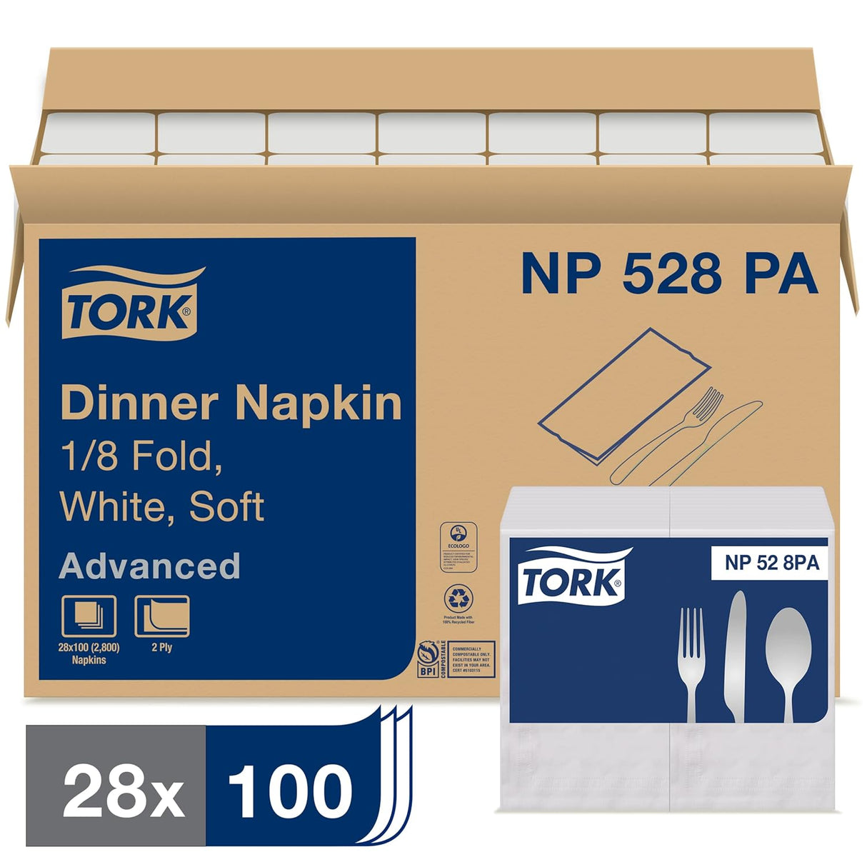 Tork® Advanced Dinner Napkins, 2-Ply, White, 100 Napkin Pack, 28 Packs (NP528PA)