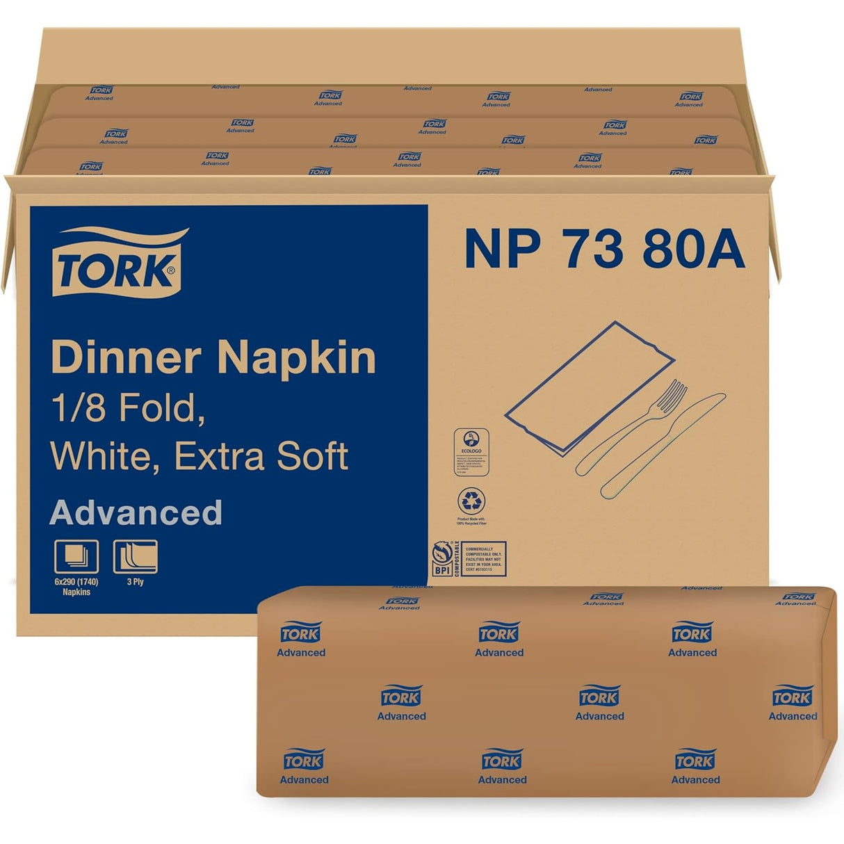 Tork® Advanced Dinner Napkin, 3-Ply, White, 290 Napkin Pack, 6 Packs (NP7380A)