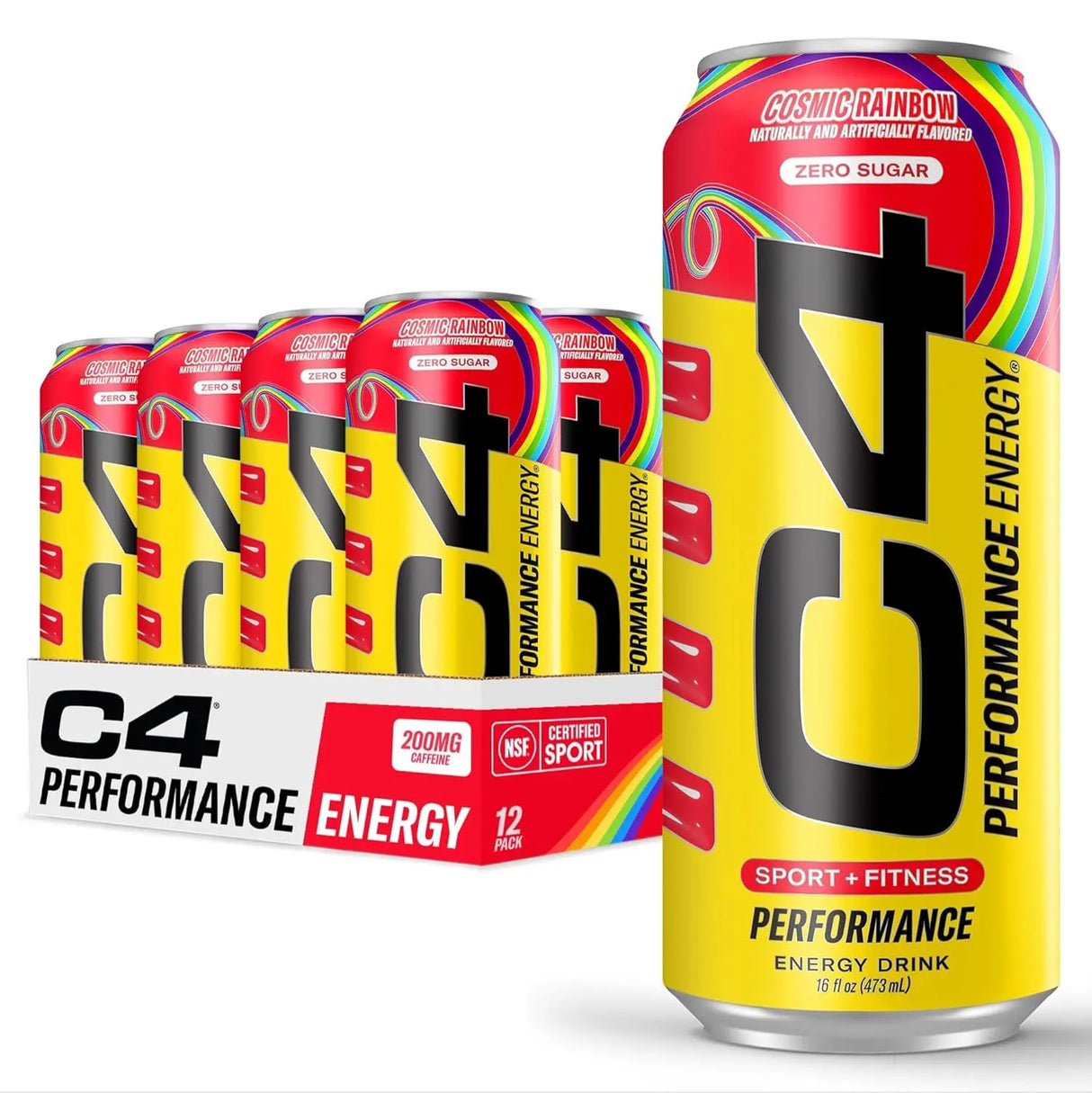 C4 Performance Energy Drink | Cosmic Rainbow | Zero Sugar Carbonated Preworkout Energy | 200Mg Caffeine with Beta Alanine | 16 Fl Oz (12 Pack), Packaging May Vary