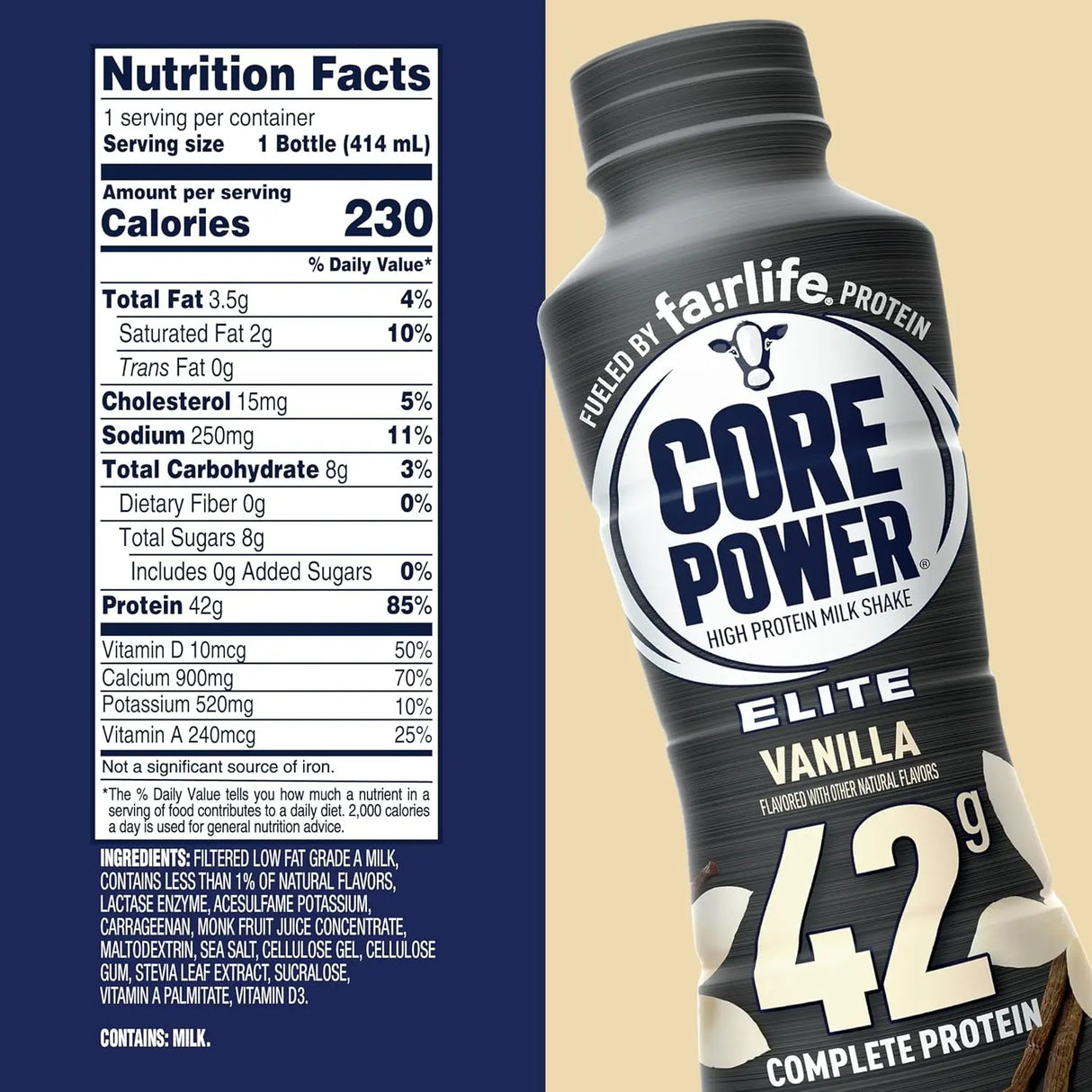 Elite High Protein Shake, Vanilla, 42G Bottle, 14Oz, 12 Pack