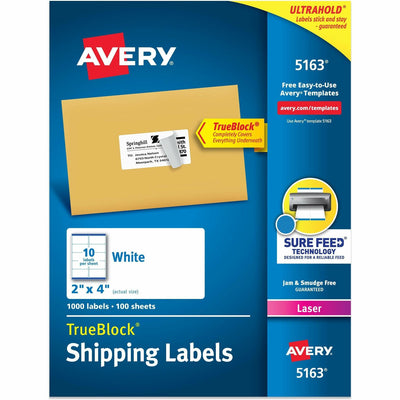 Avery Shipping Labels, Sure Feed, 2" x 4" 1,000 White Labels (5163), 1000 / Box, AVE5163