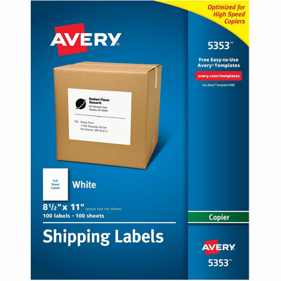 Avery Shipping Labels for Copiers, 8-1/2" x 11", 100 Labels (5353), White, 100 / Box, AVE5353