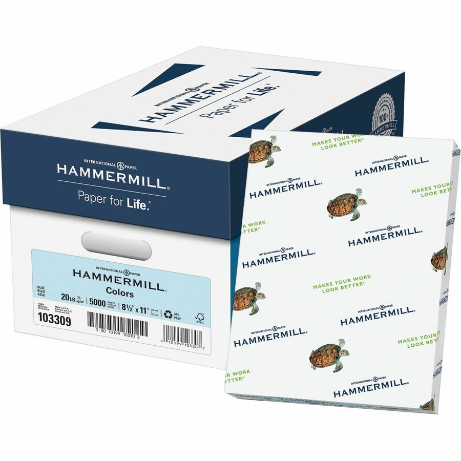 Hammermill Colors Recycled Copy Paper - Blue, Fore, 8.5" x 11", 20 lb, Jam-free, 10 / Pack, HAM10330-9