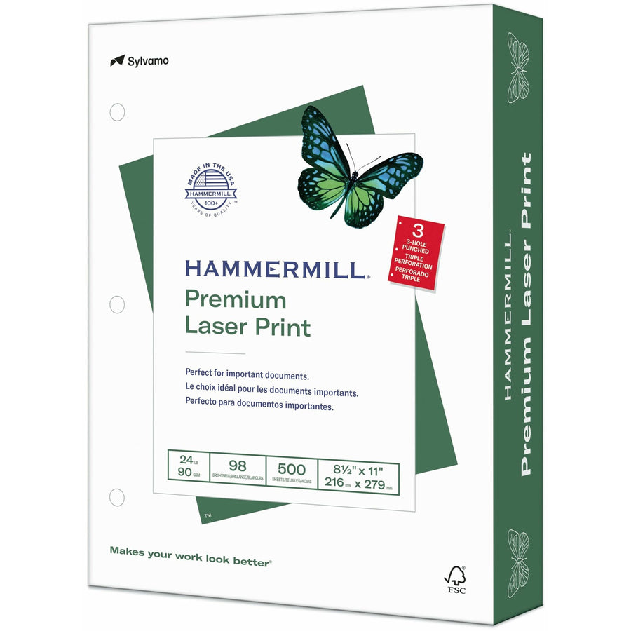 Hammermill Premium 3HP Laser Print Paper - White, Paper for Color, 8.5" x 11", 24 lb, 500 / Ream, HAM10768-1