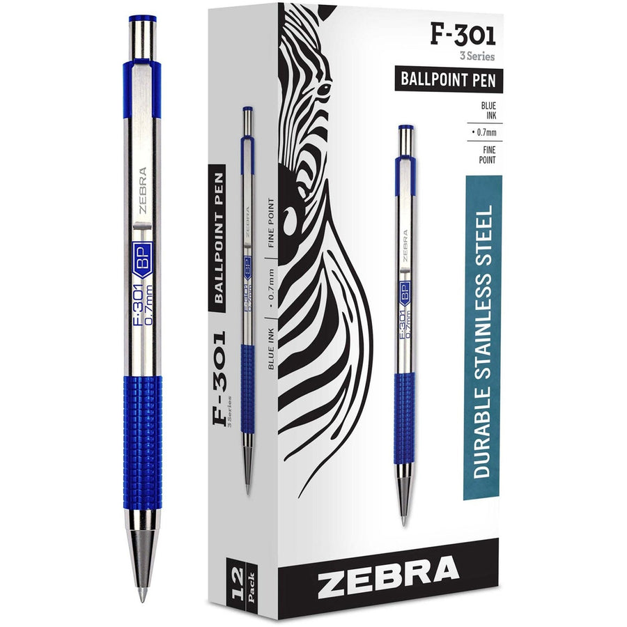 Zebra F-301 Retractable Ballpoint Pen, Blue, Pocket Clip, 1 Dozen, ZEB27120