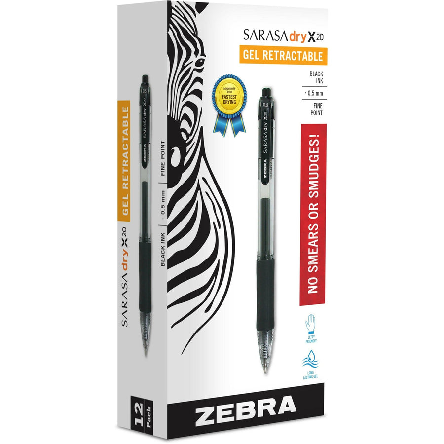 Zebra SARASA dry X20 Retractable Gel Pen, Black, Pocket Clip, 1 Dozen, ZEB46710