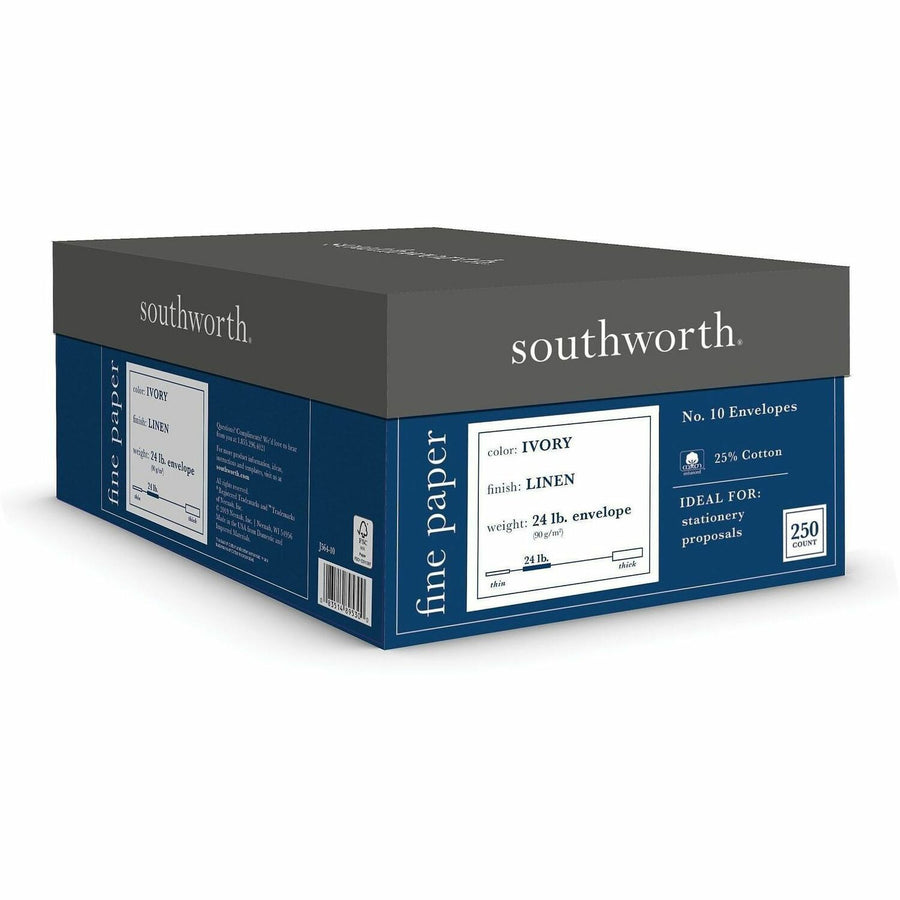 Southworth 25% Cotton No. 10 Business Envelopes, Credentials, Ivory, Cotton Fiber, 24 lb, Acid-free, 250 / Box, SOUJ564-10