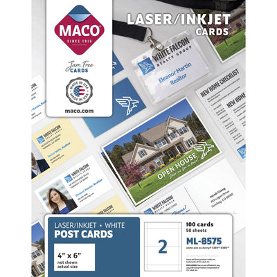 Chartpak Maco 2-Up Laser/Inkjet Post Cards, White, 6" x 4", 100 / Box, MACML-8575
